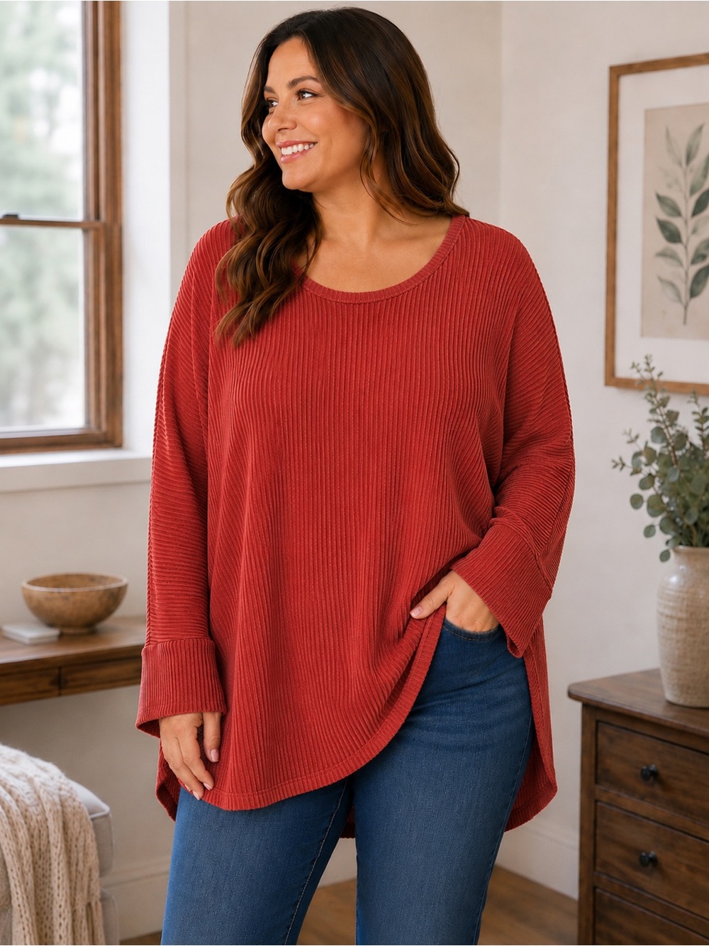 Market & Spruce Ribbed Knit Tunic Top | XL Rust Orange High-Low Hem Soft Stretch